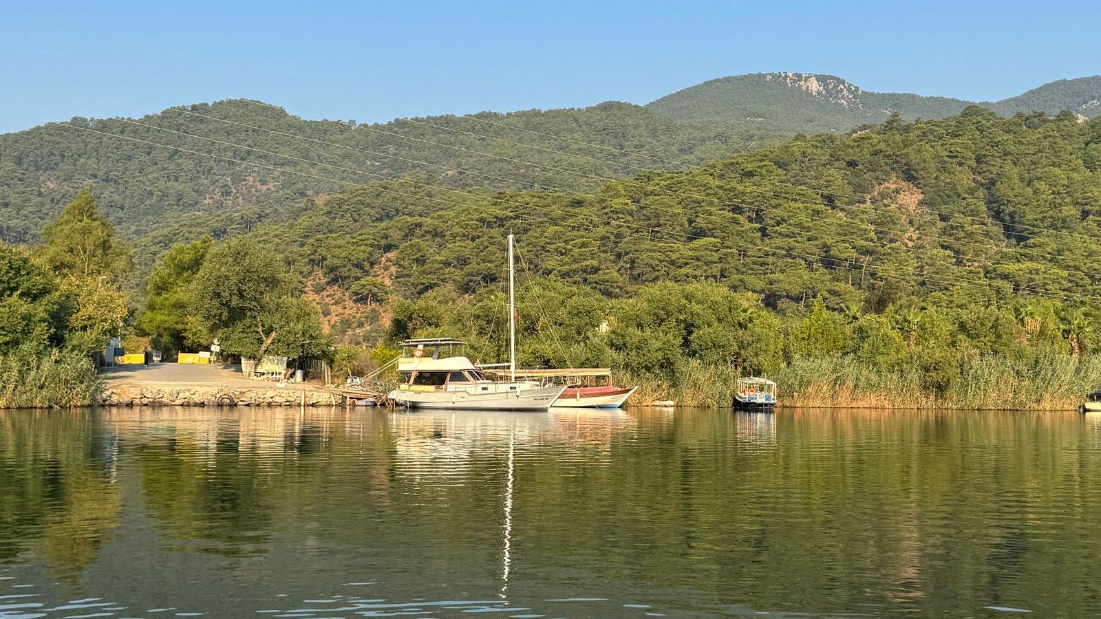Göcek Bay near Fethiye with boats moored below forested hills